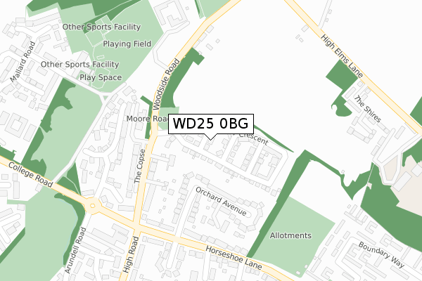 WD25 0BG map - large scale - OS Open Zoomstack (Ordnance Survey)