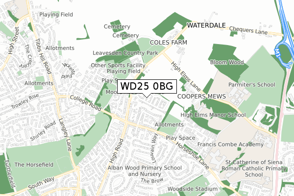 WD25 0BG map - small scale - OS Open Zoomstack (Ordnance Survey)