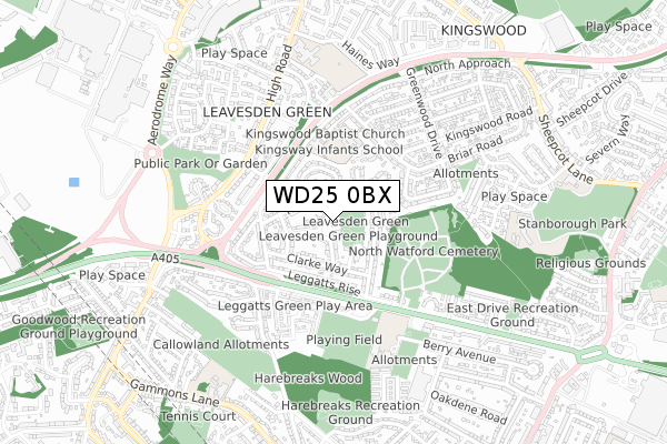 WD25 0BX map - small scale - OS Open Zoomstack (Ordnance Survey)
