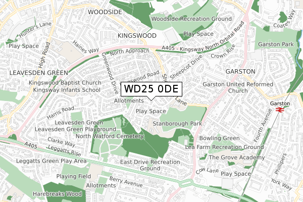 WD25 0DE map - small scale - OS Open Zoomstack (Ordnance Survey)