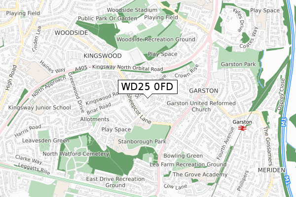 WD25 0FD map - small scale - OS Open Zoomstack (Ordnance Survey)