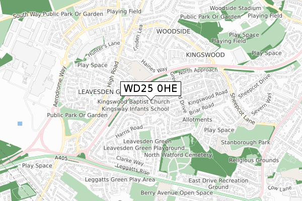 WD25 0HE map - small scale - OS Open Zoomstack (Ordnance Survey)