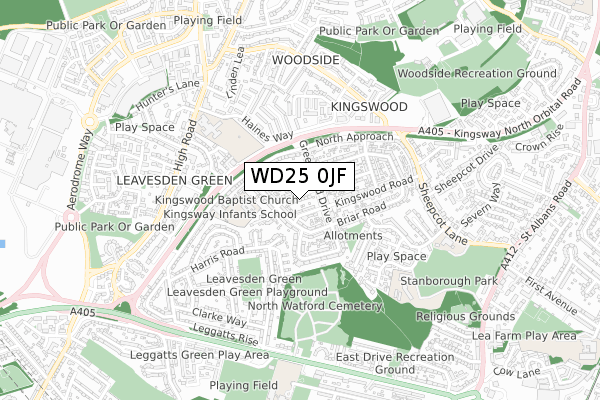 WD25 0JF map - small scale - OS Open Zoomstack (Ordnance Survey)