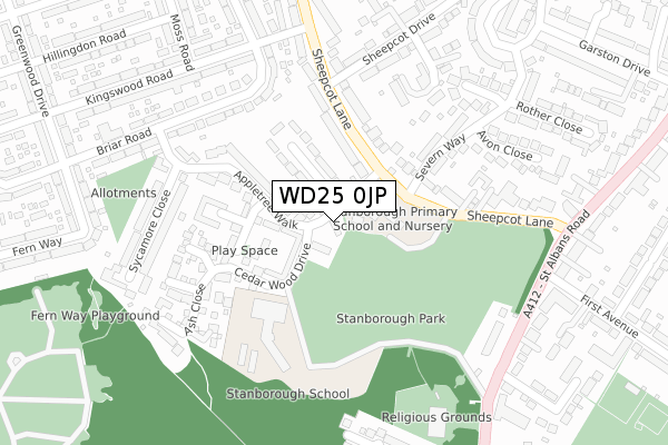 WD25 0JP map - large scale - OS Open Zoomstack (Ordnance Survey)