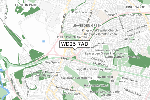 WD25 7AD map - small scale - OS Open Zoomstack (Ordnance Survey)