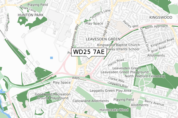 WD25 7AE map - small scale - OS Open Zoomstack (Ordnance Survey)