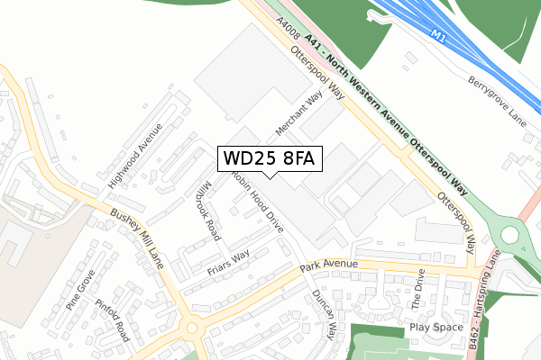 WD25 8FA map - large scale - OS Open Zoomstack (Ordnance Survey)