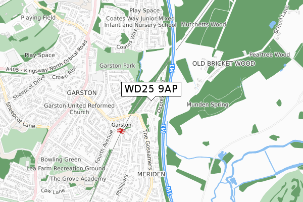 WD25 9AP map - small scale - OS Open Zoomstack (Ordnance Survey)