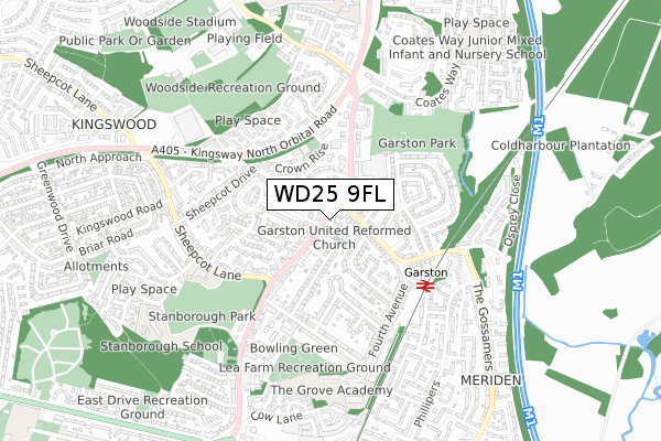 WD25 9FL map - small scale - OS Open Zoomstack (Ordnance Survey)