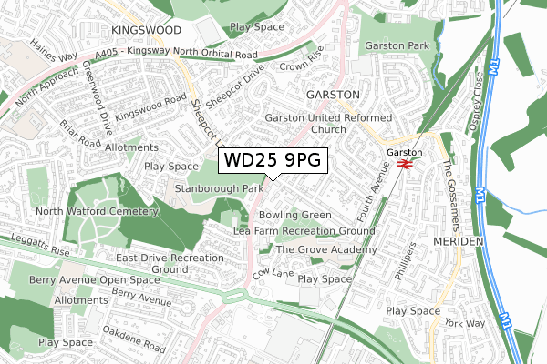WD25 9PG map - small scale - OS Open Zoomstack (Ordnance Survey)