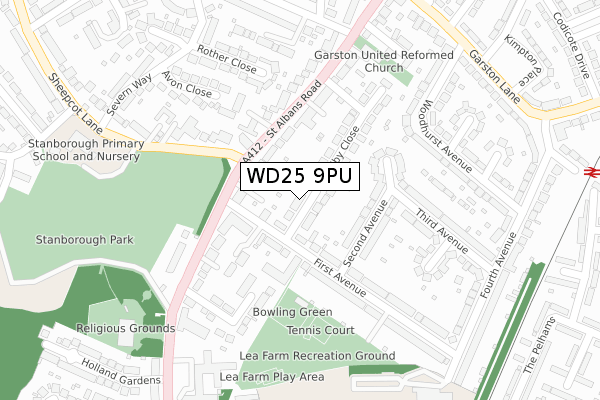 WD25 9PU map - large scale - OS Open Zoomstack (Ordnance Survey)