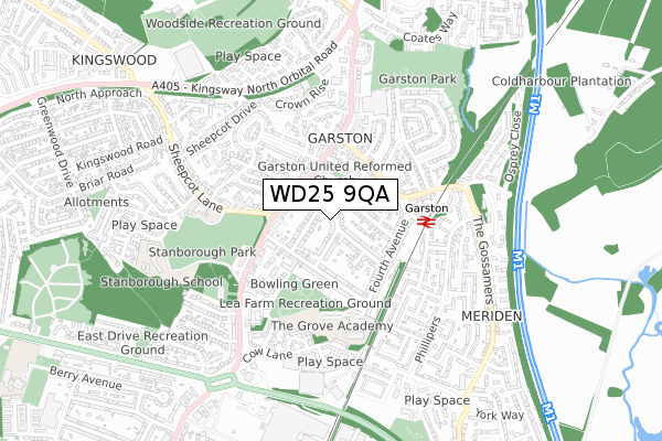 WD25 9QA map - small scale - OS Open Zoomstack (Ordnance Survey)