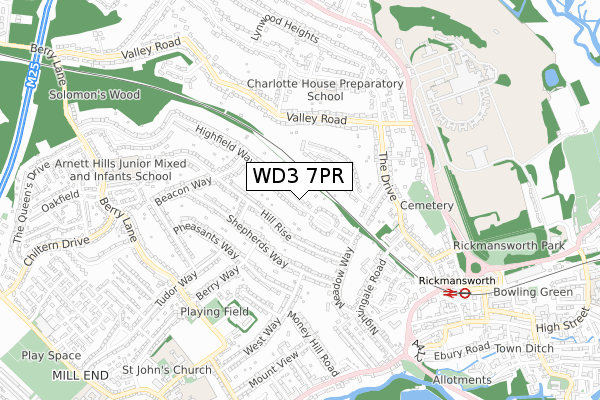WD3 7PR map - small scale - OS Open Zoomstack (Ordnance Survey)