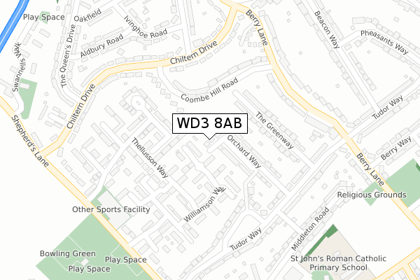 WD3 8AB map - large scale - OS Open Zoomstack (Ordnance Survey)