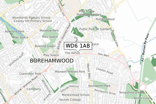 WD6 1AB map - small scale - OS Open Zoomstack (Ordnance Survey)