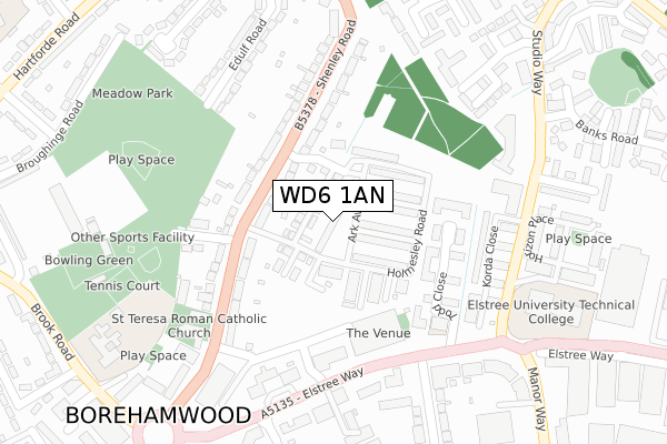 WD6 1AN map - large scale - OS Open Zoomstack (Ordnance Survey)