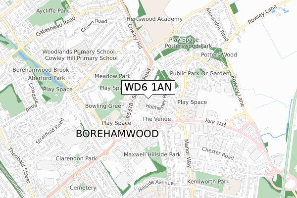 WD6 1AN map - small scale - OS Open Zoomstack (Ordnance Survey)