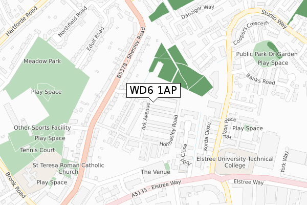 WD6 1AP map - large scale - OS Open Zoomstack (Ordnance Survey)