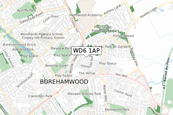 WD6 1AP map - small scale - OS Open Zoomstack (Ordnance Survey)