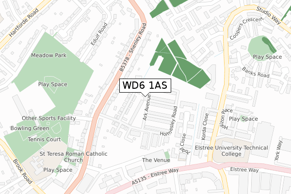 WD6 1AS map - large scale - OS Open Zoomstack (Ordnance Survey)