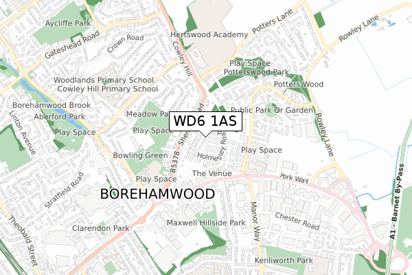 WD6 1AS map - small scale - OS Open Zoomstack (Ordnance Survey)