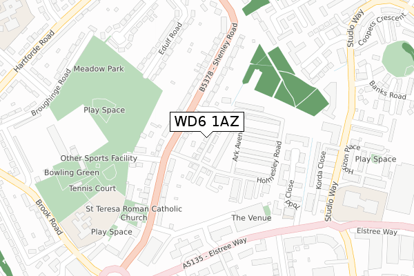 WD6 1AZ map - large scale - OS Open Zoomstack (Ordnance Survey)