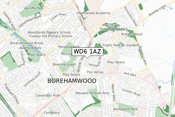 WD6 1AZ map - small scale - OS Open Zoomstack (Ordnance Survey)