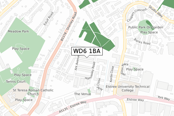WD6 1BA map - large scale - OS Open Zoomstack (Ordnance Survey)