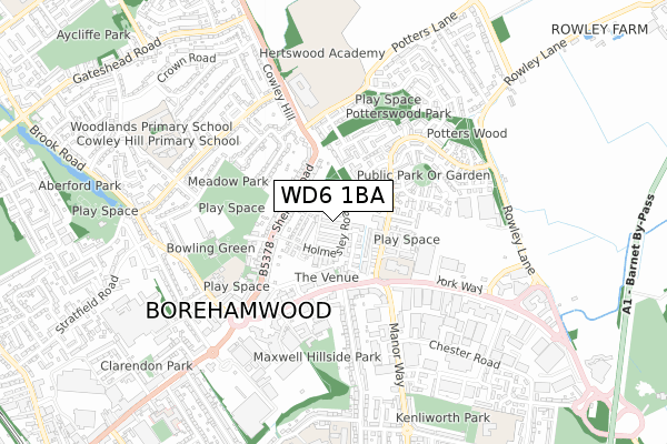 WD6 1BA map - small scale - OS Open Zoomstack (Ordnance Survey)