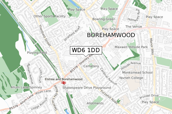 WD6 1DD map - small scale - OS Open Zoomstack (Ordnance Survey)