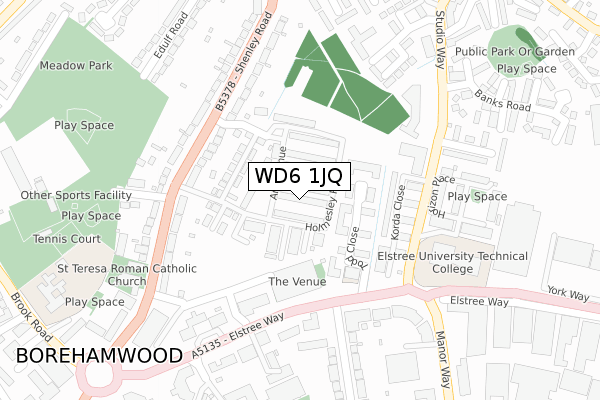 WD6 1JQ map - large scale - OS Open Zoomstack (Ordnance Survey)