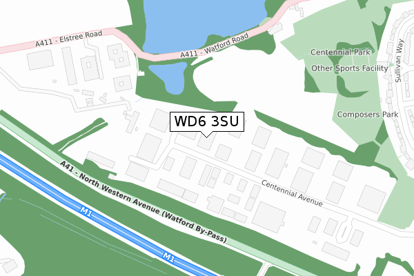 WD6 3SU map - large scale - OS Open Zoomstack (Ordnance Survey)