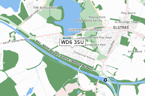 WD6 3SU map - small scale - OS Open Zoomstack (Ordnance Survey)