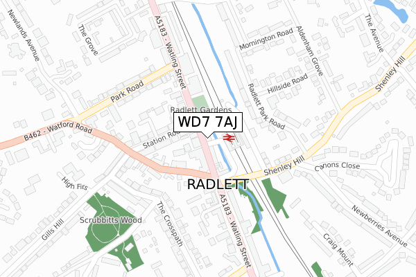 WD7 7AJ map - large scale - OS Open Zoomstack (Ordnance Survey)