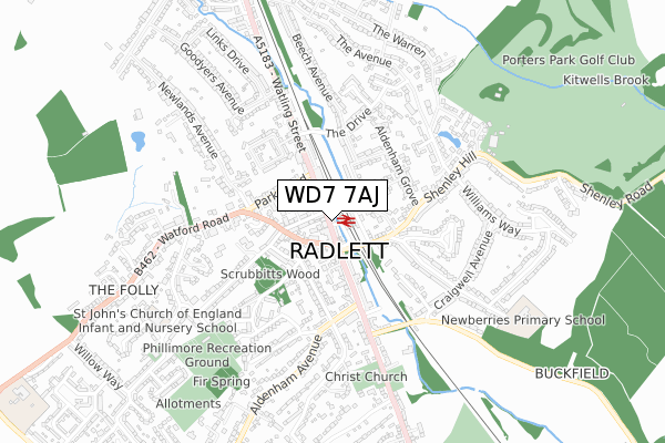 WD7 7AJ map - small scale - OS Open Zoomstack (Ordnance Survey)