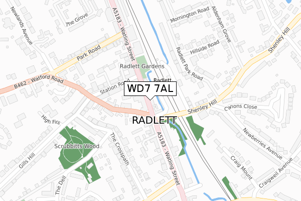 WD7 7AL map - large scale - OS Open Zoomstack (Ordnance Survey)