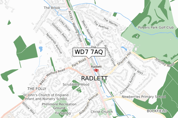 WD7 7AQ map - small scale - OS Open Zoomstack (Ordnance Survey)