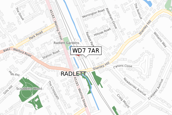 WD7 7AR map - large scale - OS Open Zoomstack (Ordnance Survey)