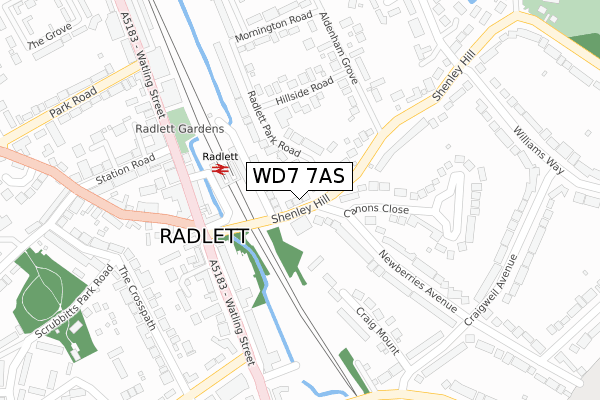 WD7 7AS map - large scale - OS Open Zoomstack (Ordnance Survey)