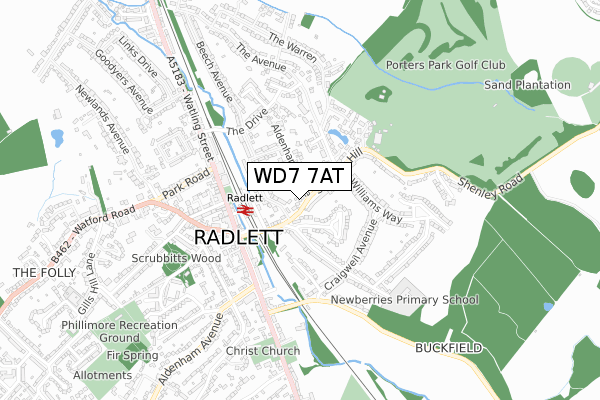 WD7 7AT map - small scale - OS Open Zoomstack (Ordnance Survey)