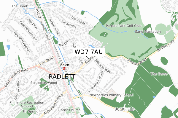 WD7 7AU map - small scale - OS Open Zoomstack (Ordnance Survey)