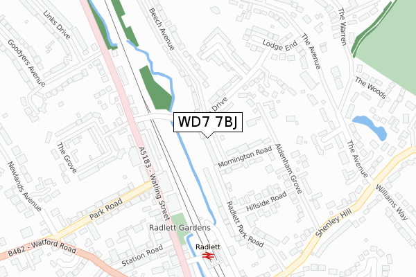 WD7 7BJ map - large scale - OS Open Zoomstack (Ordnance Survey)