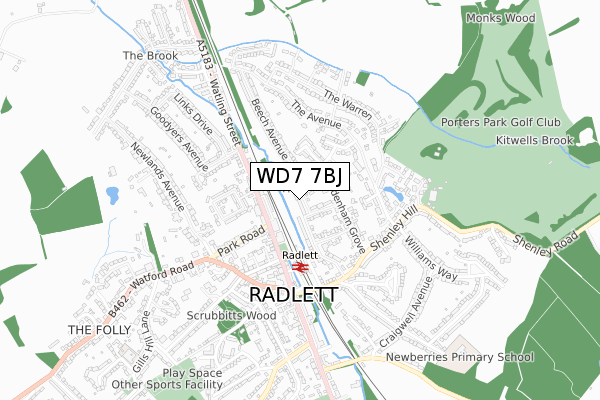 WD7 7BJ map - small scale - OS Open Zoomstack (Ordnance Survey)