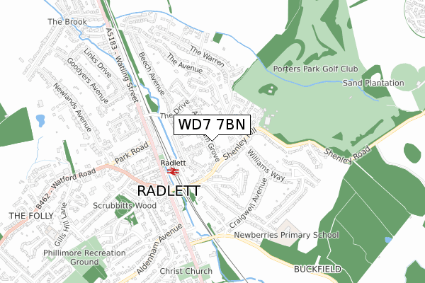 WD7 7BN map - small scale - OS Open Zoomstack (Ordnance Survey)