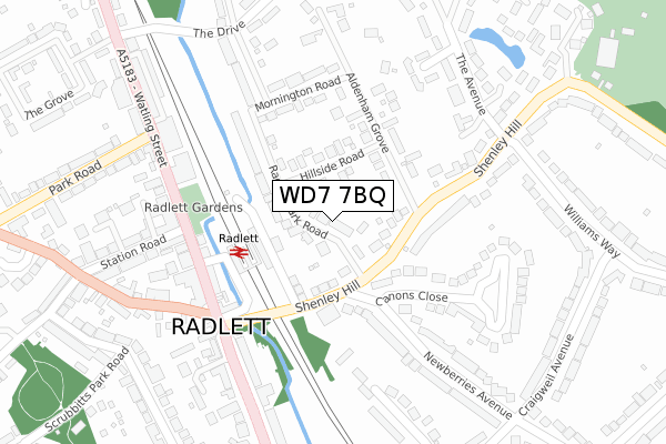 WD7 7BQ map - large scale - OS Open Zoomstack (Ordnance Survey)