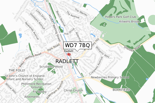 WD7 7BQ map - small scale - OS Open Zoomstack (Ordnance Survey)