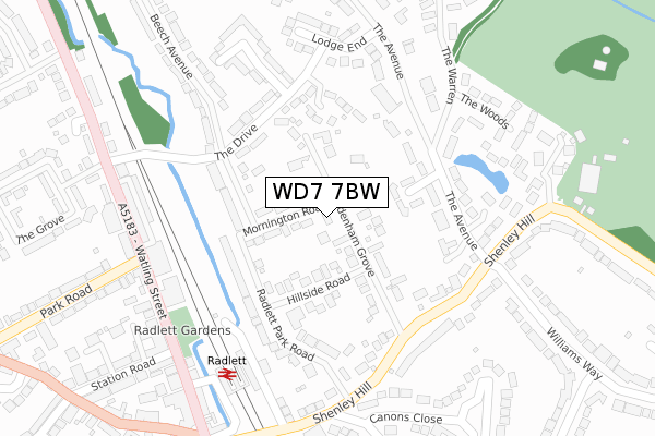 WD7 7BW map - large scale - OS Open Zoomstack (Ordnance Survey)