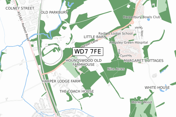 WD7 7FE map - small scale - OS Open Zoomstack (Ordnance Survey)