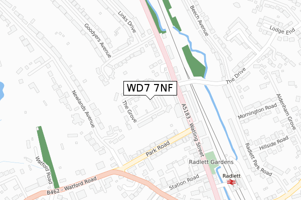 WD7 7NF map - large scale - OS Open Zoomstack (Ordnance Survey)