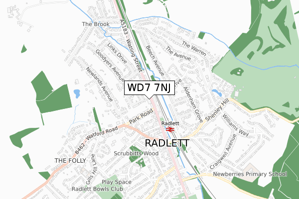 WD7 7NJ map - small scale - OS Open Zoomstack (Ordnance Survey)